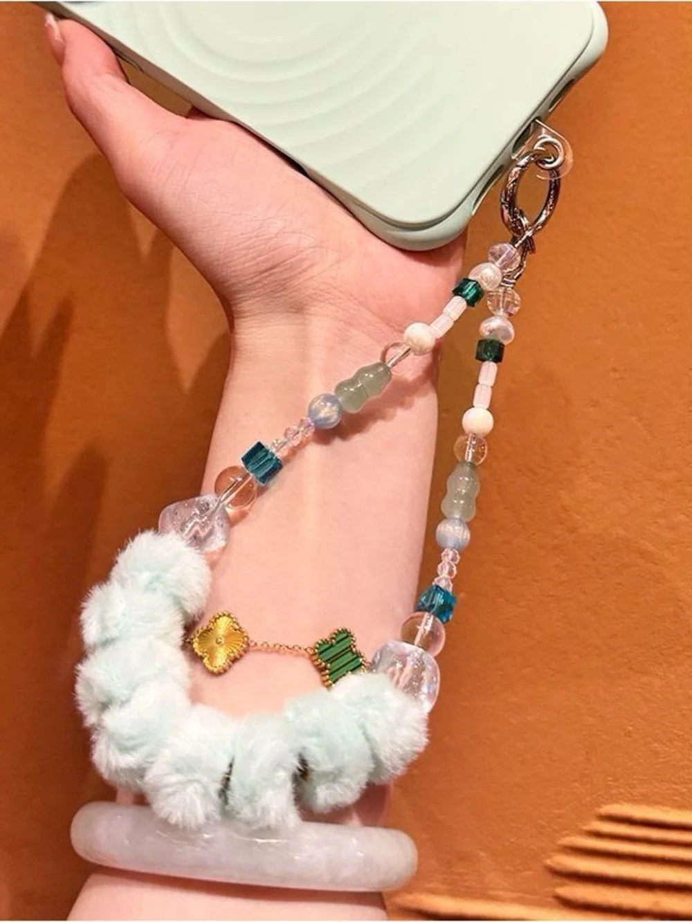 Mint Fluffy Loop Phone Wrist Strap | Crystal Beads | Y2K Coquette Aesthetic